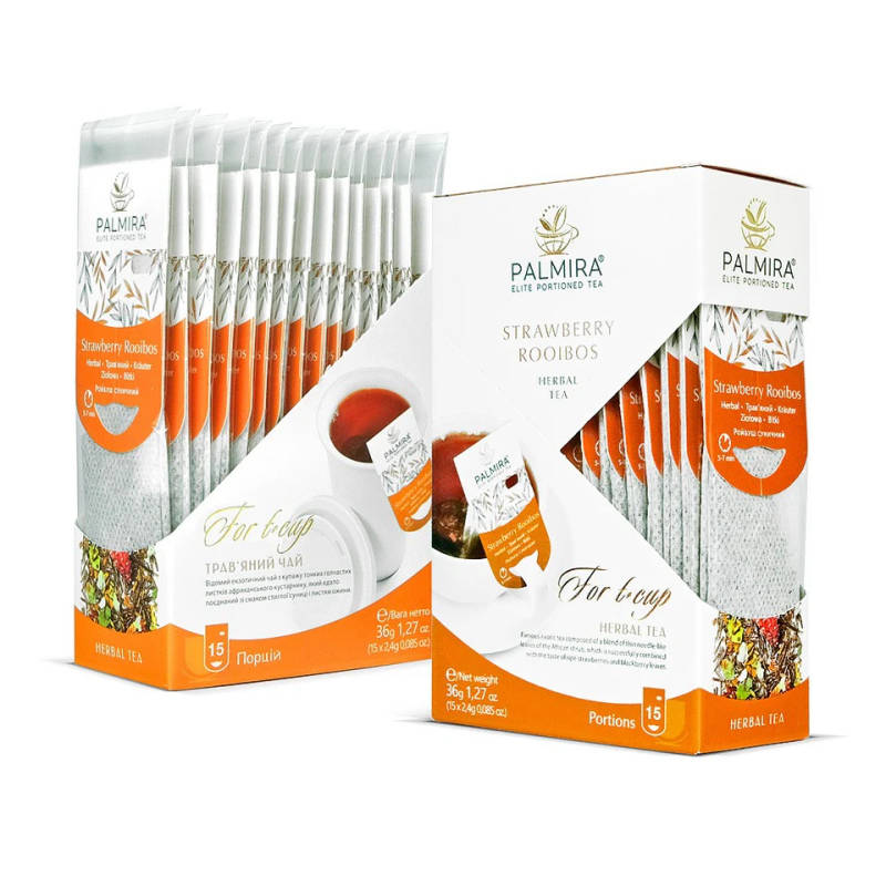 Palmira Strawberry Rooibos – luksusowa ziołowa herbata liściasta w saszetkach do filiżanek