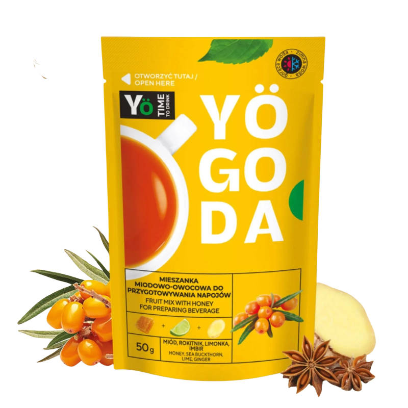 Herbata owocowa Yogoda Rokitnik bez cukru, miód, limonka, imbir.