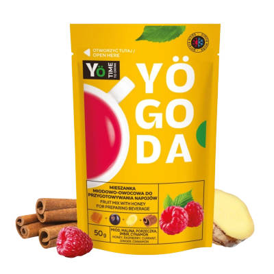 Herbata owocowa Yogoda Malina bez cukru, miód, porzeczka, imbir, cynamon.